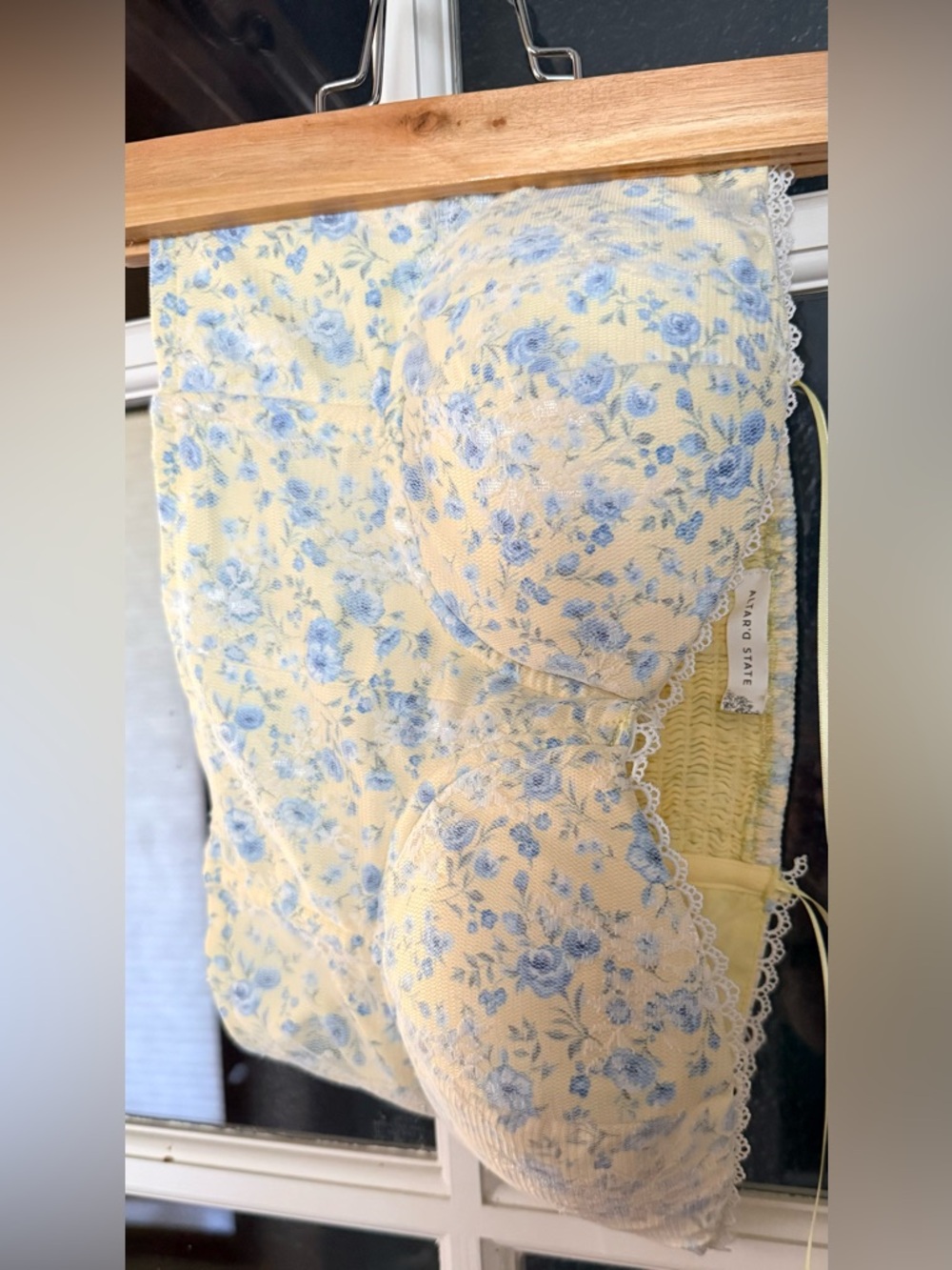 Altar'd State Yellow Floral Lace-Trim Crop Top with Light Blue Roses
